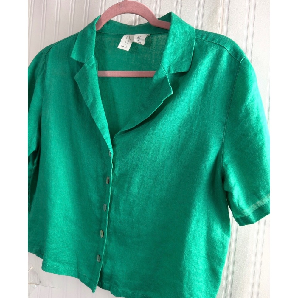 Joie Womens Emerald Green 100% Linen Short Sleeve Button Down Crop Shirt Size S - Picture 2 of 4